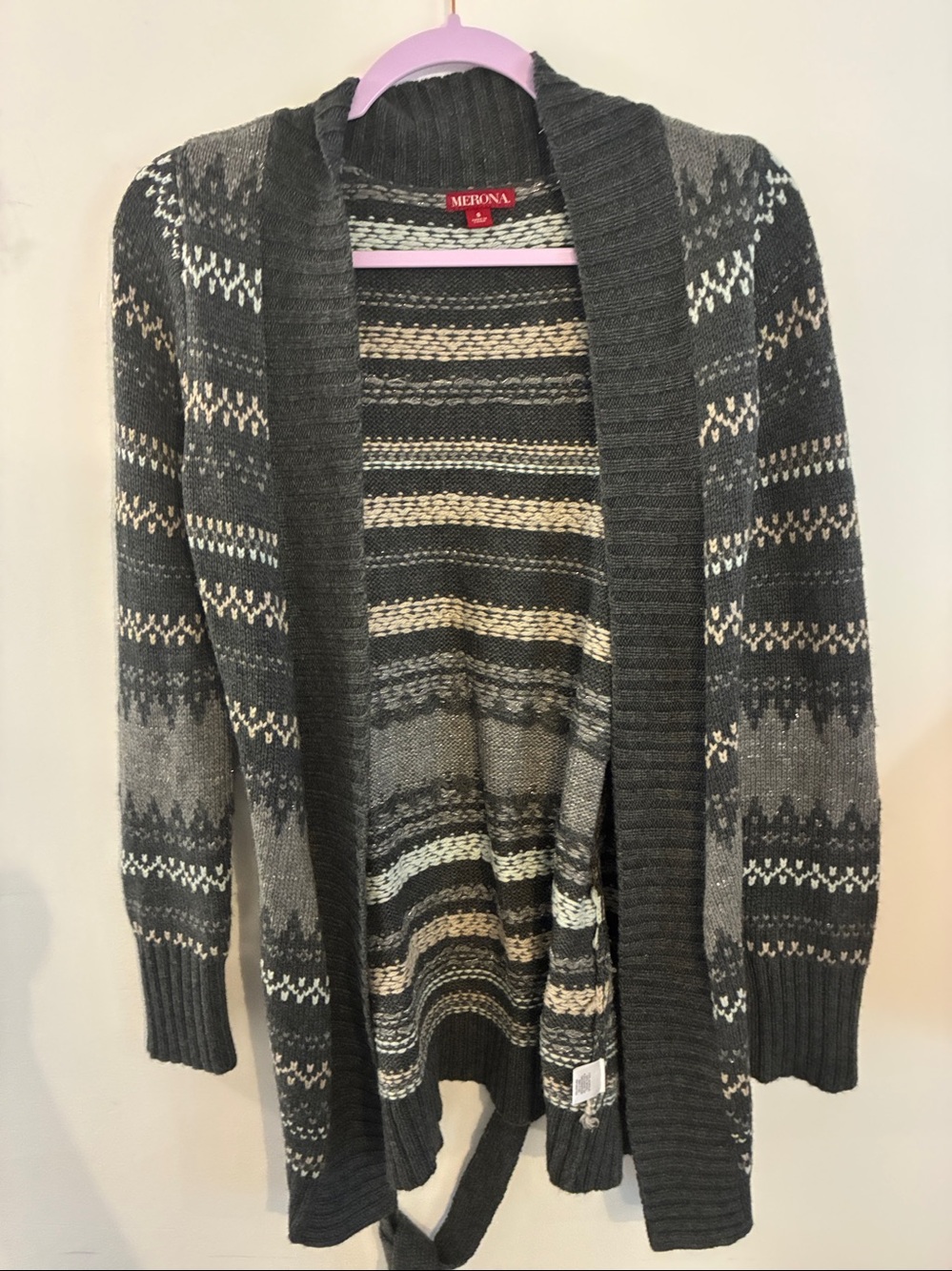 Grandpa Core Fair Isle Metallic Wool Black Gray Belted Open-Front Cardigan S